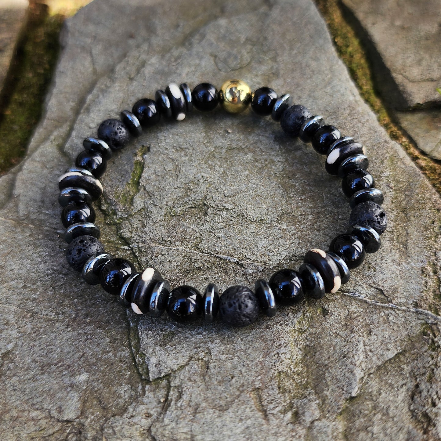 8mm Black Onyx | Lava Stone | Bone Beaded Bracelet