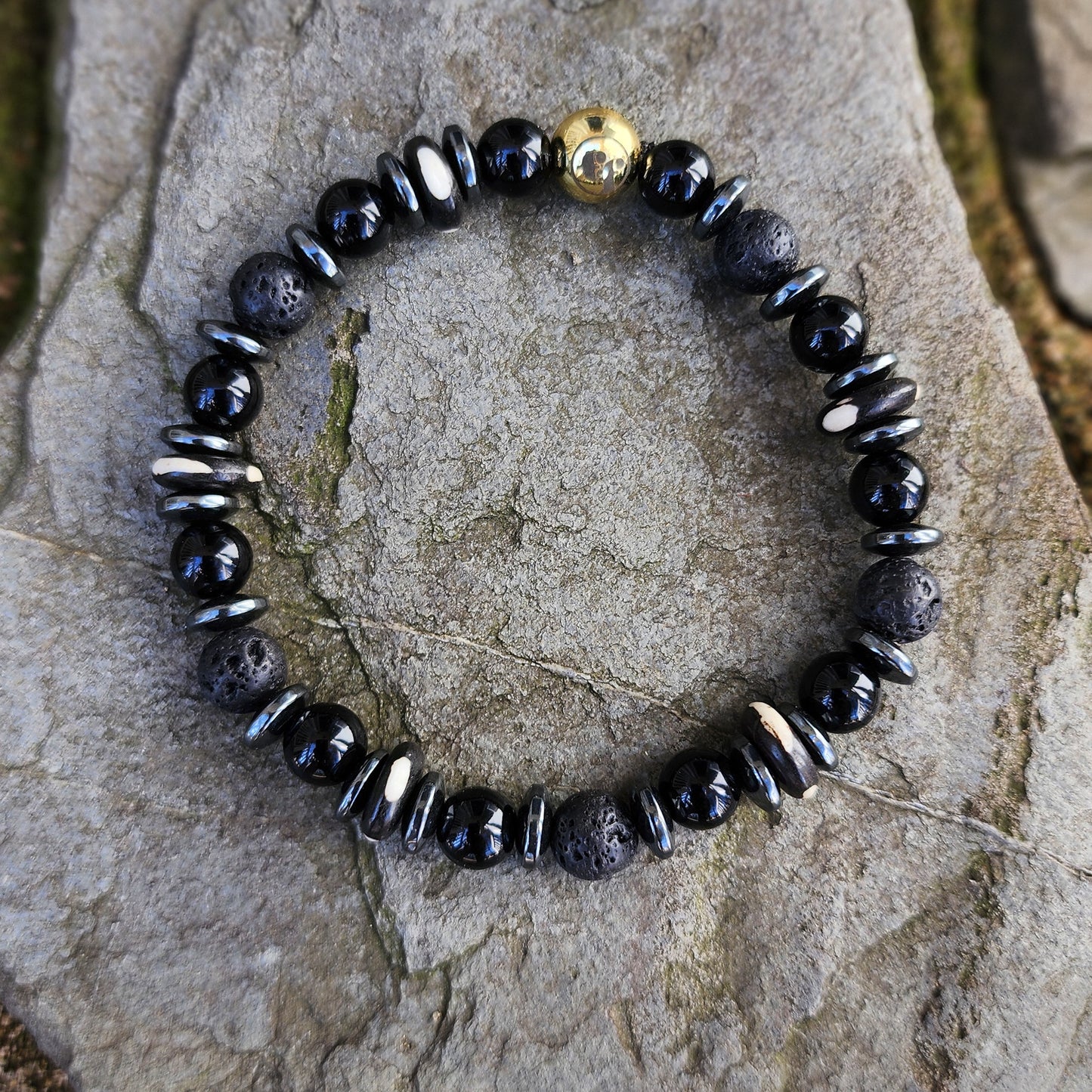 8mm Black Onyx | Lava Stone | Bone Beaded Bracelet