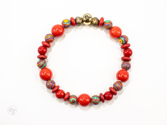 Red Glass Rainbow and Brass Bead Bracelet