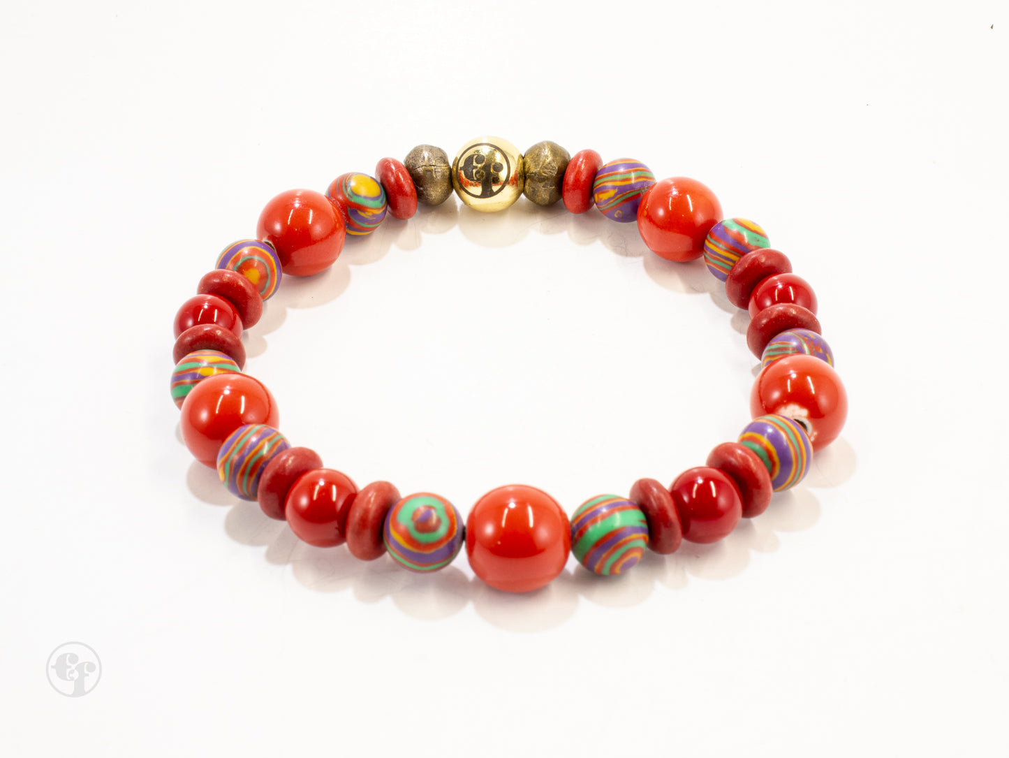 Red Glass Rainbow and Brass Bead Bracelet