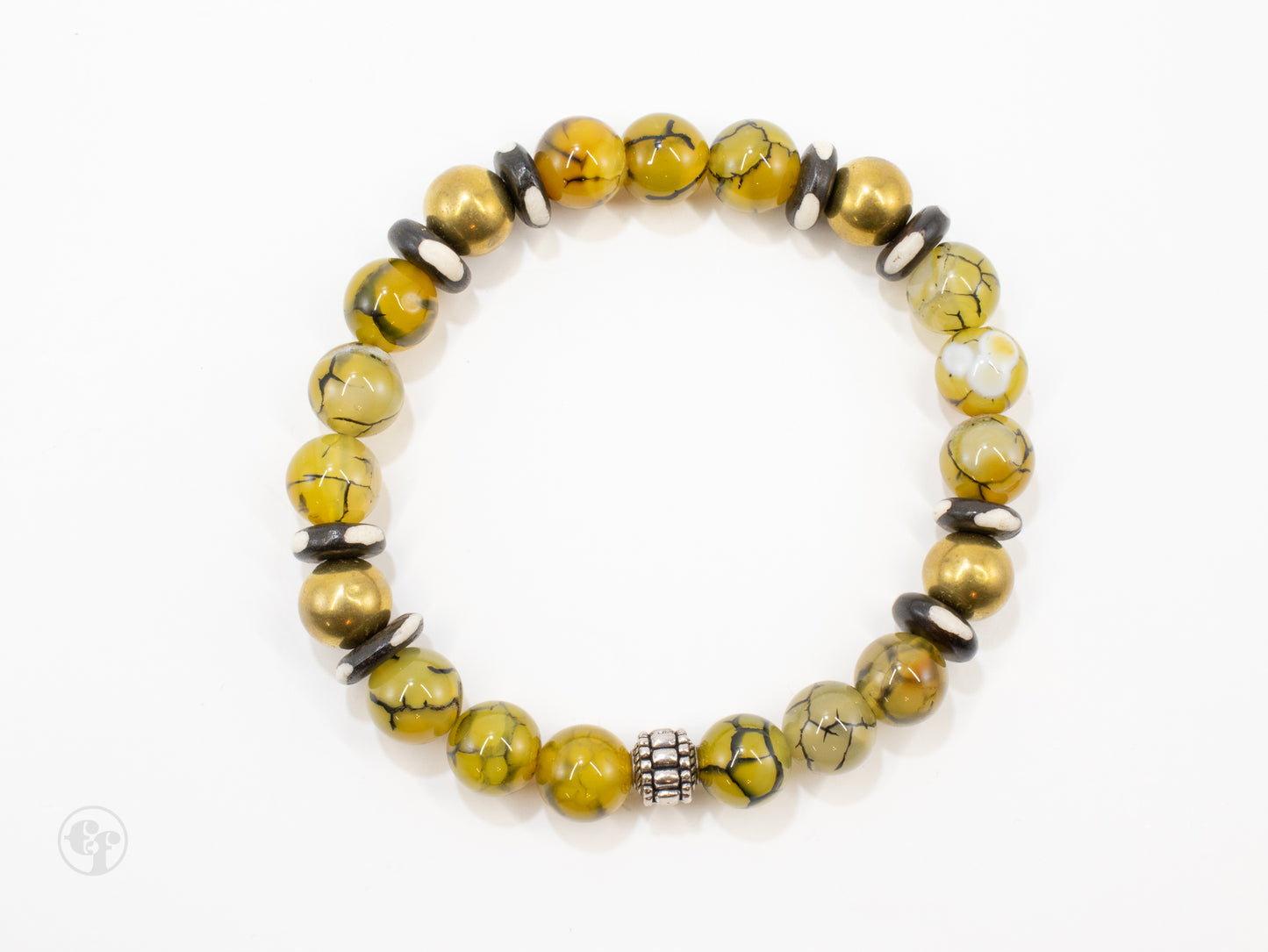 10mm Golden Earth Agate| Bone | Silver Beaded Bracelet