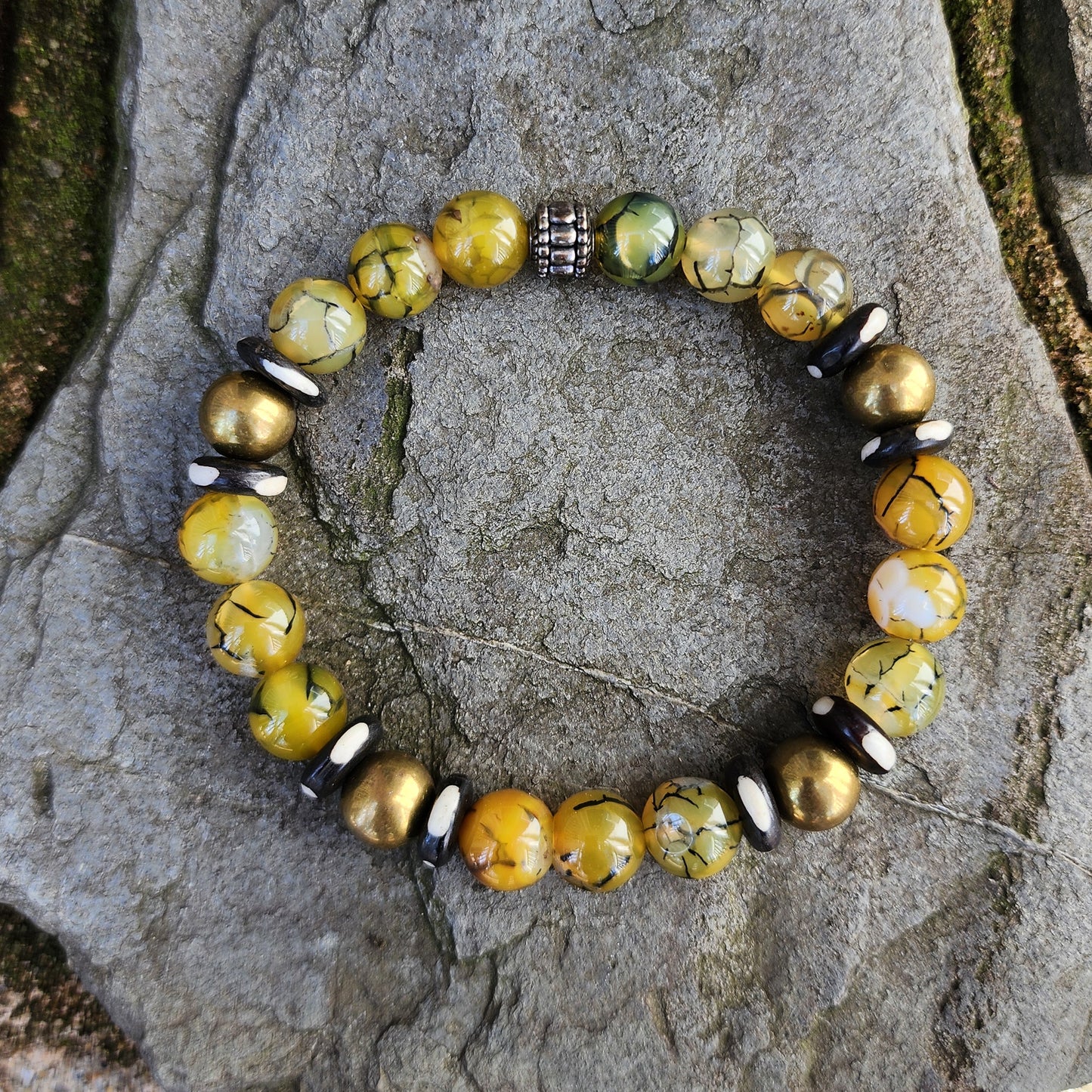 10mm Golden Earth Agate| Bone | Silver Beaded Bracelet