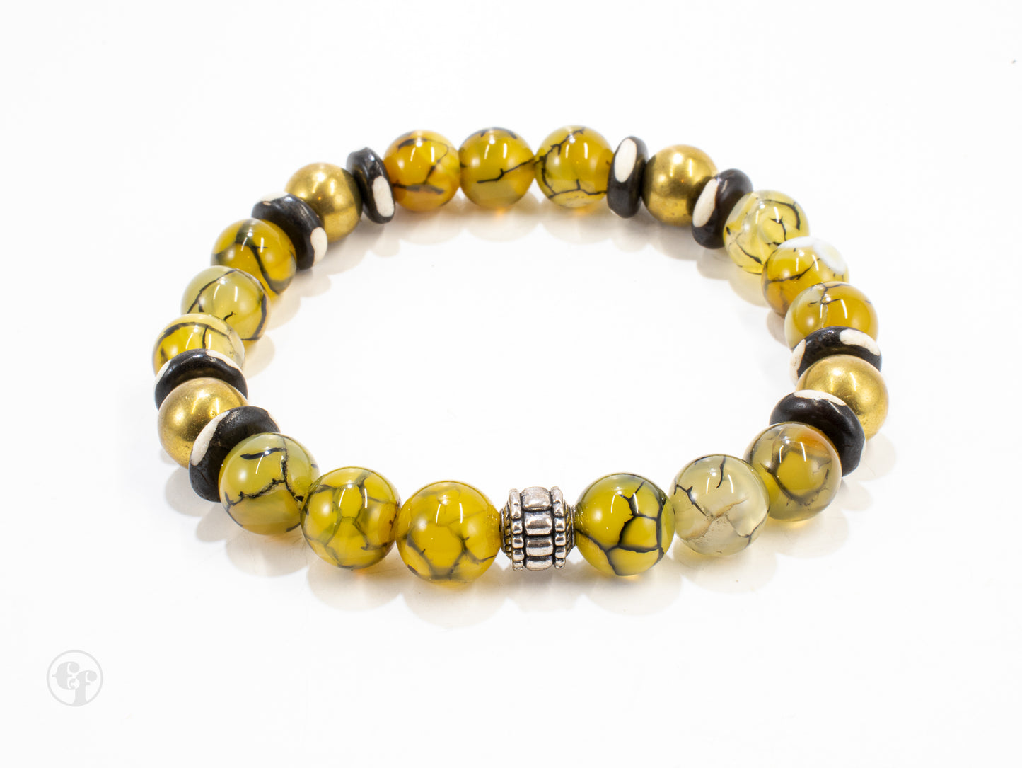 10mm Golden Earth Agate| Bone | Silver Beaded Bracelet