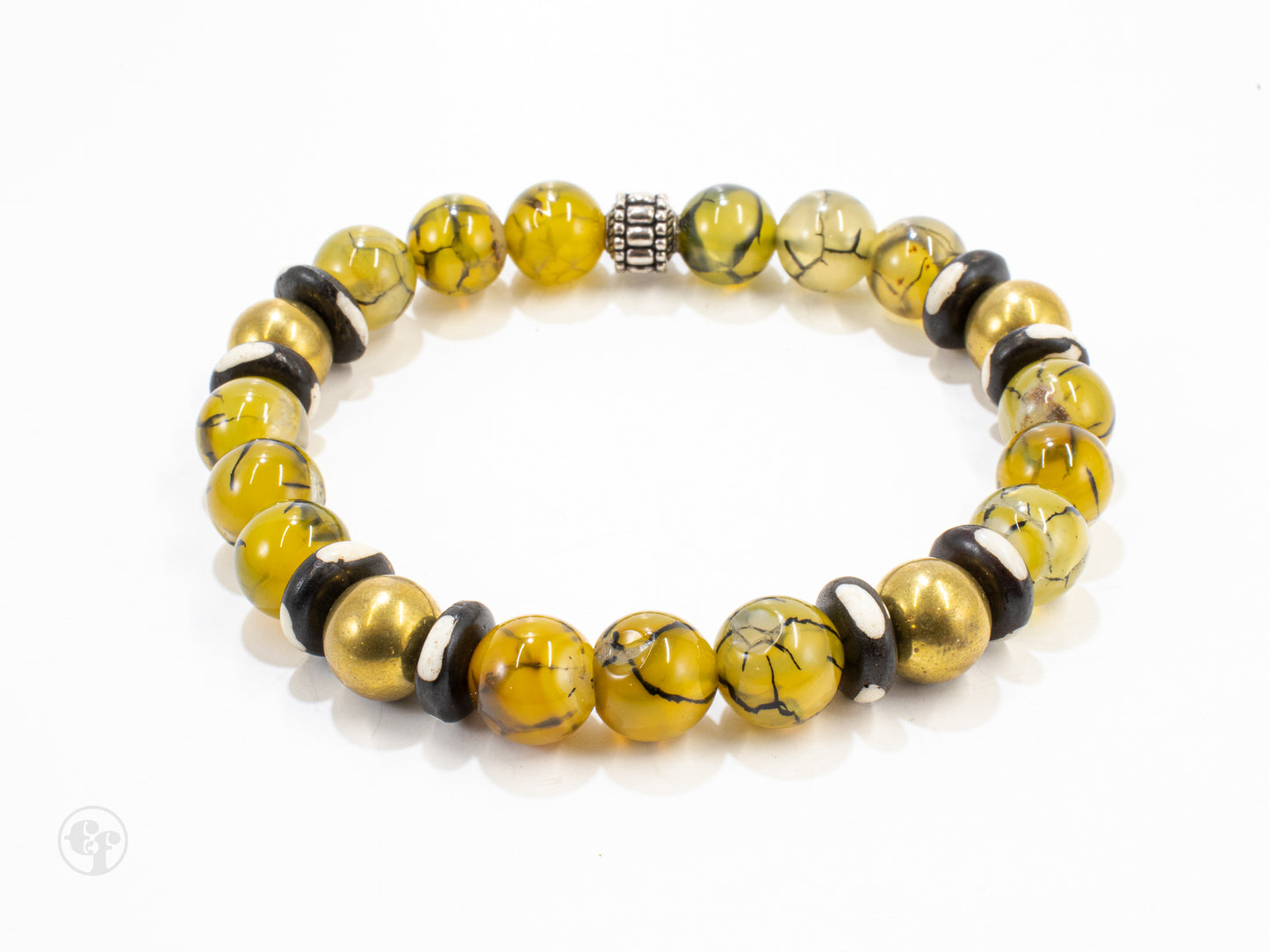 10mm Golden Earth Agate| Bone | Silver Beaded Bracelet