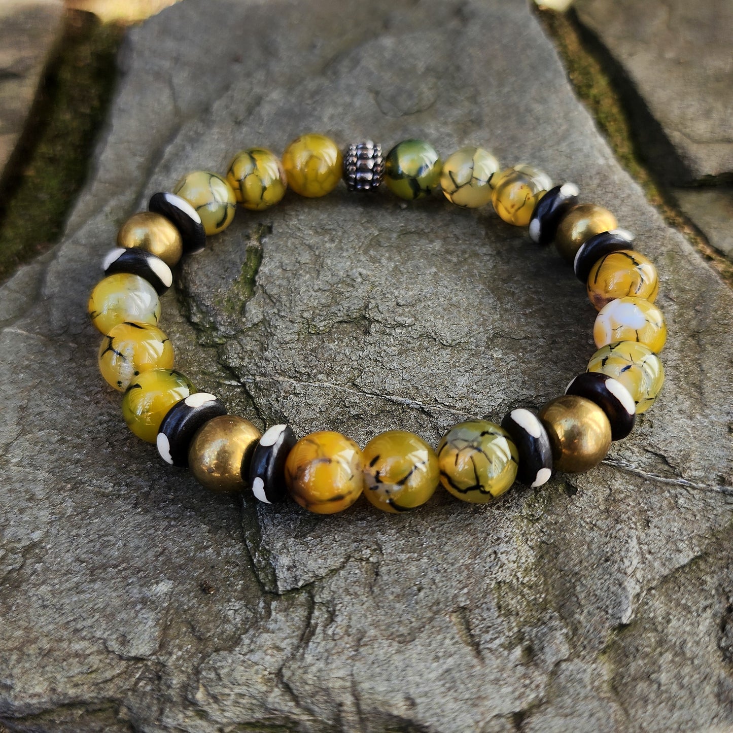 10mm Golden Earth Agate| Bone | Silver Beaded Bracelet