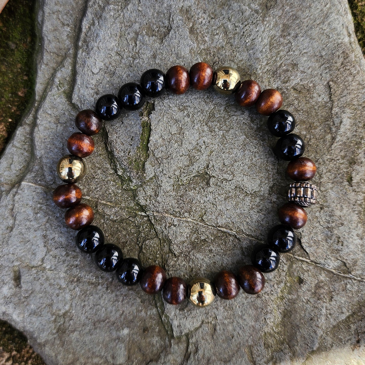 8mm Black Onyx|Wood|Gold Pyrite Beaded Bracelet