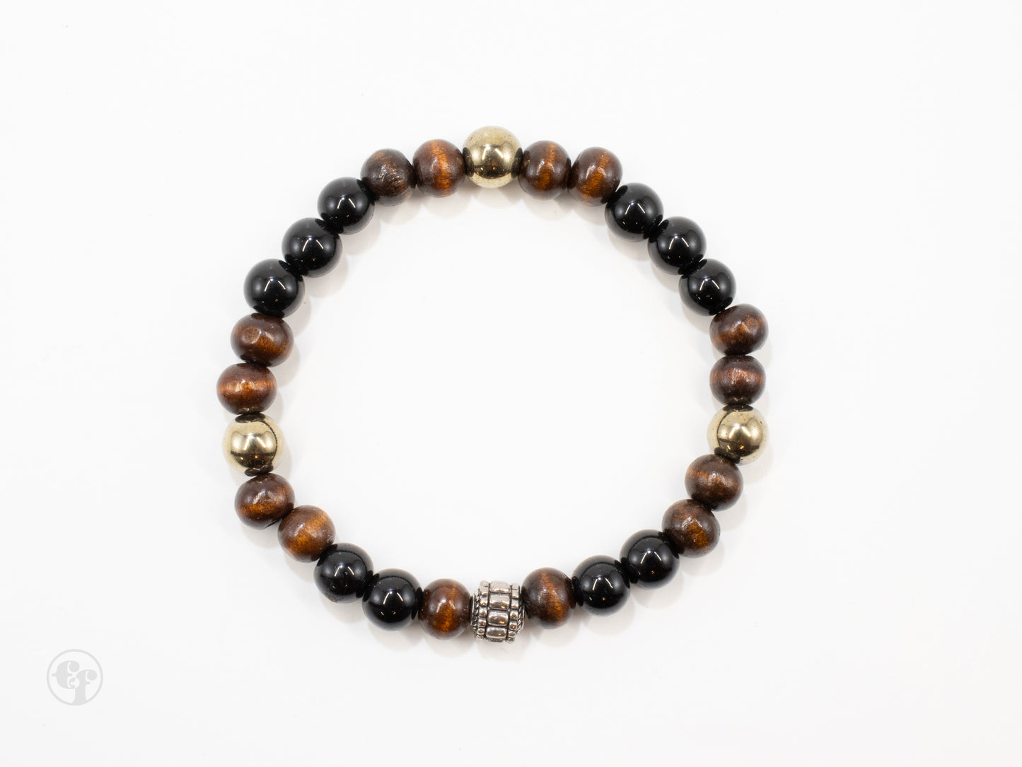 8mm Black Onyx|Wood|Gold Pyrite Beaded Bracelet