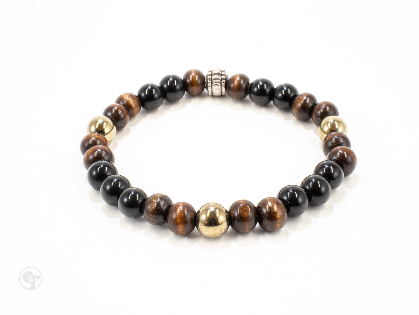 8mm Black Onyx|Wood|Gold Pyrite Beaded Bracelet