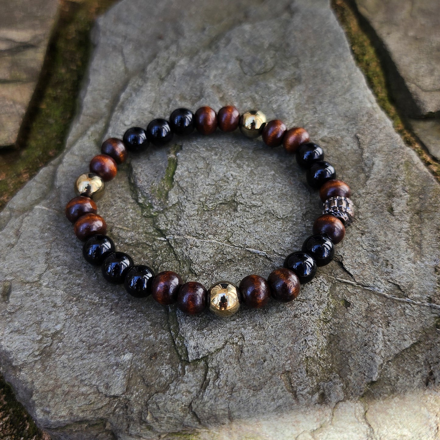 8mm Black Onyx|Wood|Gold Pyrite Beaded Bracelet