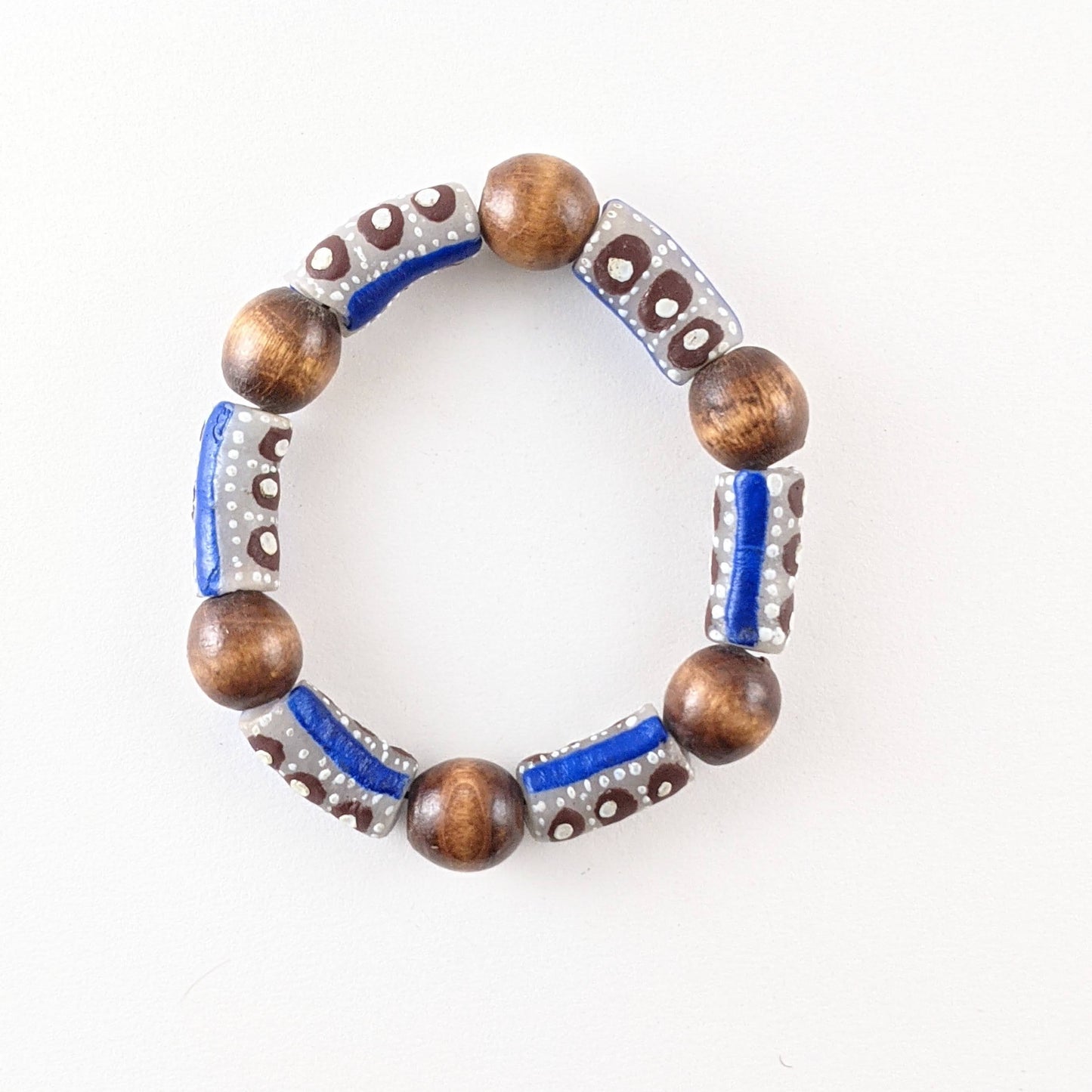 Ed Fountain Blue African Trade Bead and Wood Bracelet